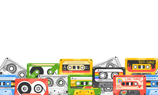 Seamless Pattern Featuring Vintage Audio Cassettes In A Retro-inspired Design. Perfect For Music Lovers And Nostalgia Enthusiasts. Cartoon Vector Horizontal Border, Wallpaper for Creative Projects