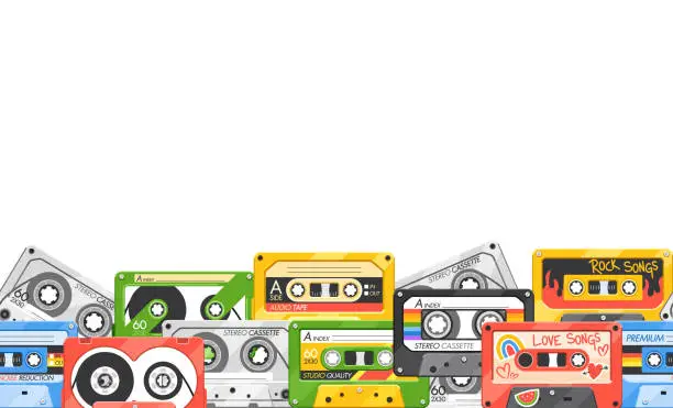 Vector illustration of Seamless Pattern Featuring Vintage Audio Cassettes In A Retro-inspired Design. Perfect For Music Lovers And Enthusiasts