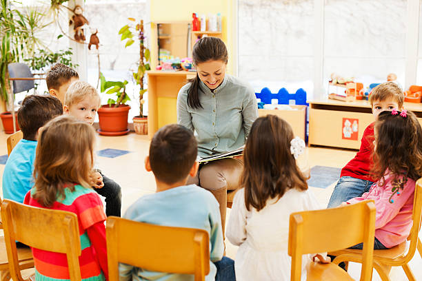 istock Kindergarten teacher reading to children. 169943548