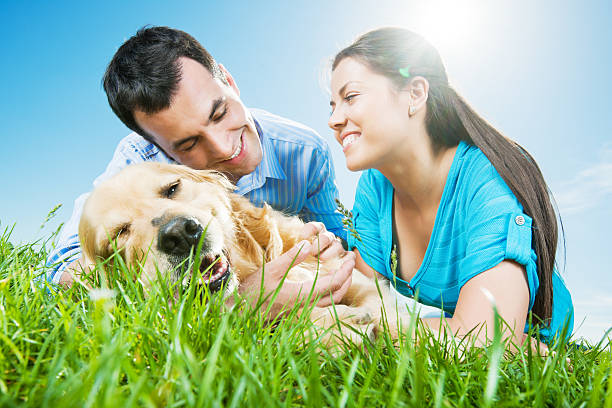 istock Couple lying in park with their dog. 169943664