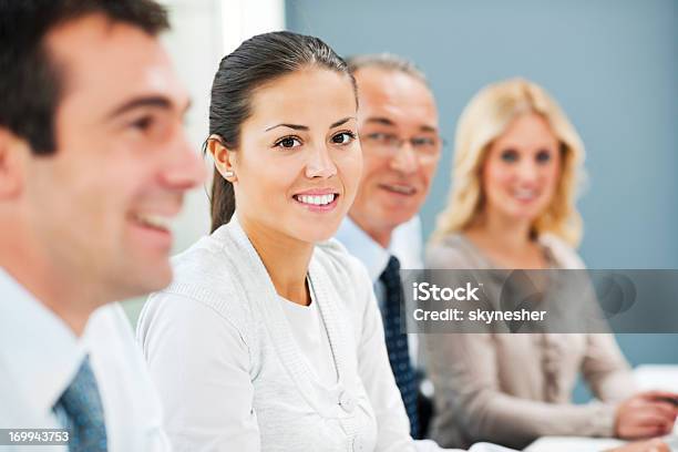 Successful Smiling Woman On A Meeting Stock Photo - Download Image Now - Adult, Board Room, Business