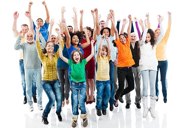 istock Group of people with raised hands jumping. 169943784