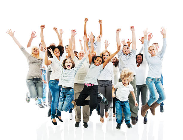 Cheerful group of people jumping with raised hands. Successful, happy group of people jumping together with raised hands.  jumping teenager fun group of people stock pictures, royalty-free photos & images