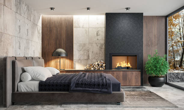 istock Modern minimalist bedroom with fireplace 1699439528