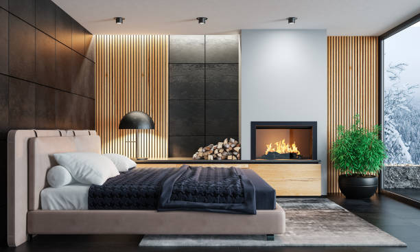 istock Modern minimalist bedroom with fireplace 1699439623