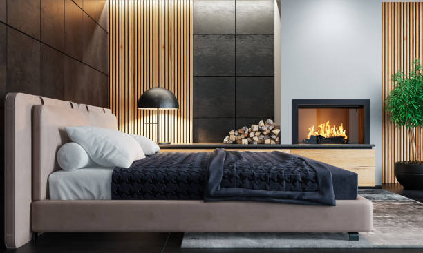 istock Modern minimalist bedroom with fireplace 1699440060