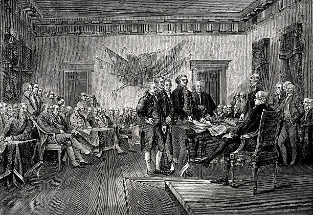 Signing The Declaration Of Independence Engraving From 1882 Of The Signing Of The Declaration Of Independence By The American Founding Fathers. colonial stock illustrations