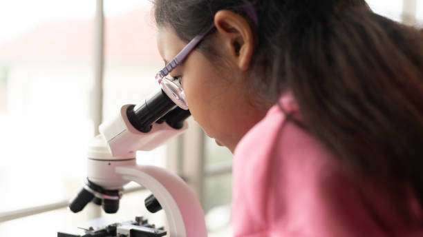 niños científicos aprendiendo sobre biología y química en el laboratorio. un concepto de aprendizaje de educación stem. una estudiante asiática usando el microscopio en un laboratorio de clase stem. - dna science child education fotografías e imágenes de stock