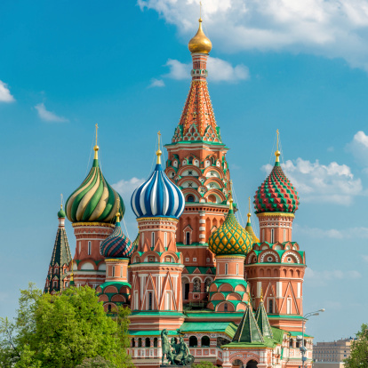 Famous St. Basil Church in Summer, Russian Orthodox Cathedral, the most famous landmark on the Red Square in Moscow, Russia.