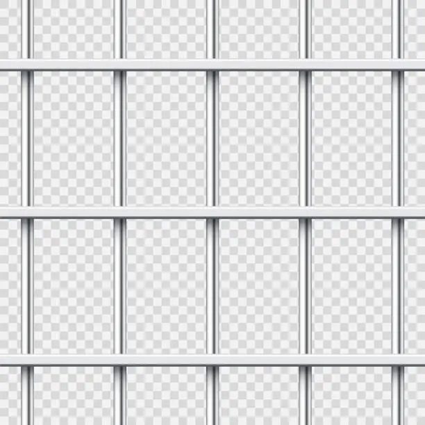 Vector illustration of Realistic shiny metal prison bars. Detailed jail cage, prison iron fence. Criminal background mockup. Vector illustration