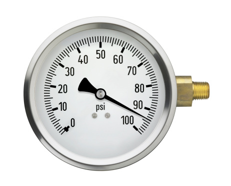 A generic pressure gauge with a very high reading, isolated on a white background.