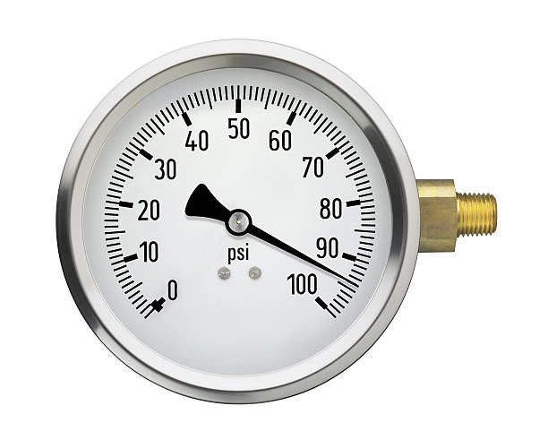 Pressure Gauge with high reading, isolated on white A generic pressure gauge with a very high reading, isolated on a white background. gauge photos stock pictures, royalty-free photos & images
