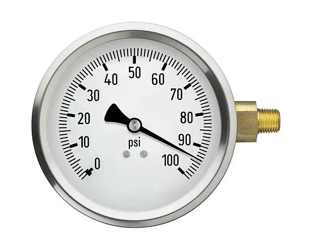 Photo of Pressure Gauge with high reading, isolated on white