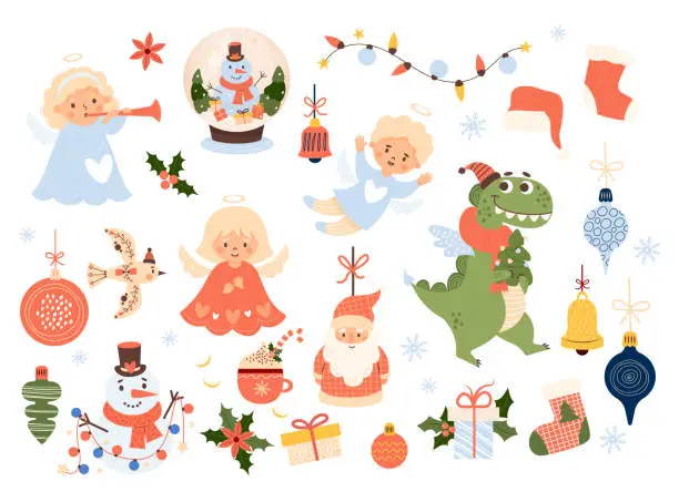 Vector illustration of Christmas set. New Year cartoon characters Santa Claus, dragon with tree, snowman with garland, little angel boy and girl, snow globe, gifts, stocking and toys balls. Vector illustration. Isolated.