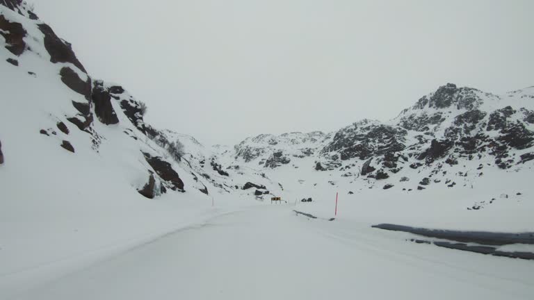 POV car driving in snow: mountain pass in Norway