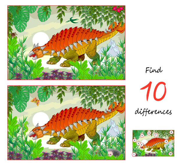 ilustrações de stock, clip art, desenhos animados e ícones de find 10 differences. illustration of a ankylosaurus in prehistoric jungle. logic puzzle game for children and adults. page for kids brain teaser book. developing to counting skills. vector drawing. - anquilossauro