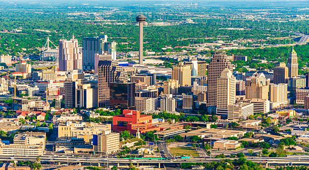 San Antonio cityscape skyline aerial view from helicopter stock photo