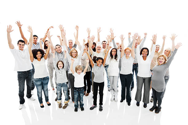 istock Large group of a happy people with raised hands. 169950533
