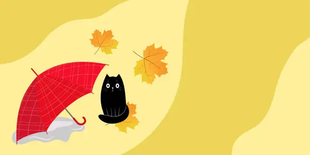 Vector illustration of Autumn background. A small black kitten sits next to an umbrella among yellow leaves.