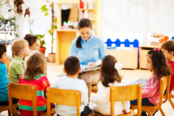 istock Kindergarten teacher reading to children. 169951631