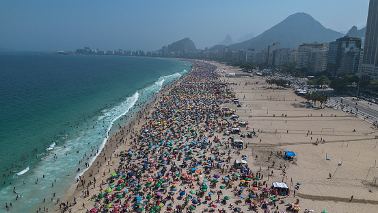 Beach on a sunny day / Praia do Leme - Rio de Janeiro - Brazil. Hot day 40 degrees Celsius