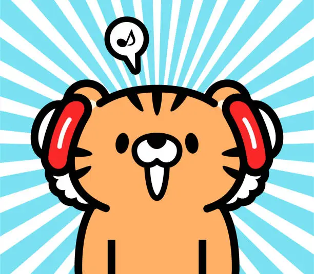 Vector illustration of Cute character design of a little tiger wearing headphones