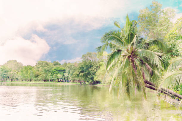 Coconut trees on the River side ,watercolor digital painting style