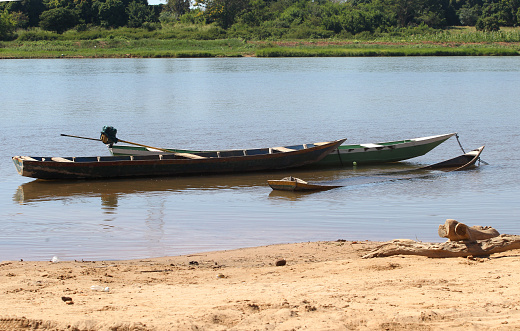 sitio do mato, bahia, brazil - june 3, 2023: wooden canoe seen in a river port in the city of Sitio do Mato.