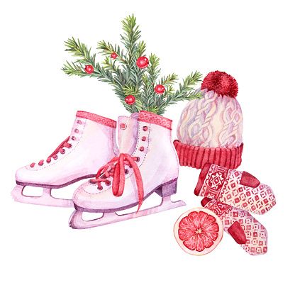 Watercolor winter composition with red hat and mittens and skates isolated on white background. Creative clipart with fir or pine branch for Christmas celebration invite or wrapping and wallpaper.