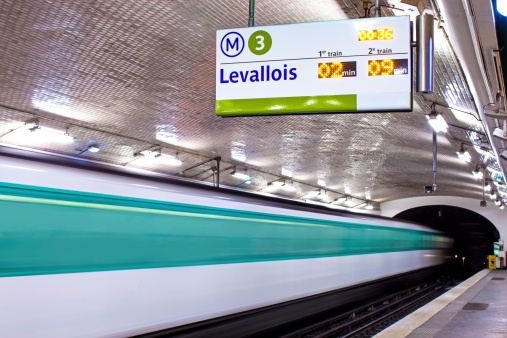 A train arrives at the Levallois station on the Paris Metro