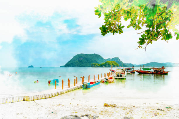 istock Plastic floating bridge extends into the sea with speed boat 1699558970