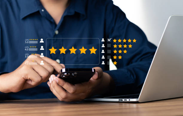 istock Customer or User give rating to service experiences review satisfaction feedback survey on online application, Customer can evaluate quality of service leading to reputation ranking of business. 1699562743