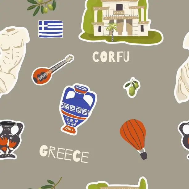 Vector illustration of Vector illustration seamless pattern of hand drawn landmarks, attractions, sights, and symbols of Greece in doodle style. Tourism, travel.