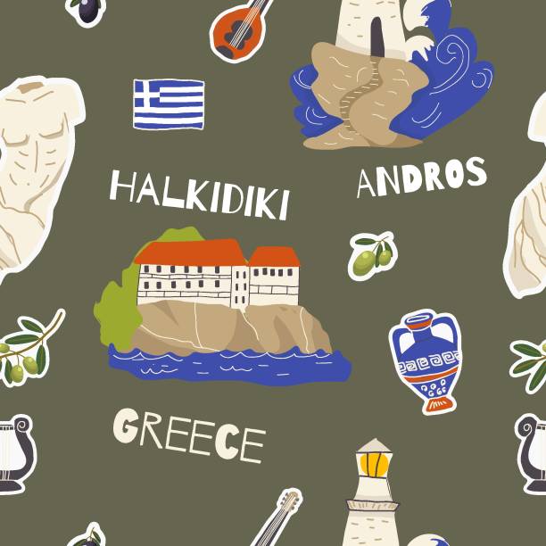 Vector illustration seamless pattern of hand drawn landmarks, attractions, sights, and symbols of Greece in doodle style. Tourism, travel. Vector illustration seamless pattern of hand drawn landmarks, attractions, sights, and symbols of Greece in doodle style. Tourism, travel. andros island stock illustrations
