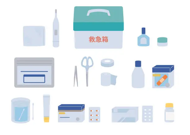 Vector illustration of Clip art of first-aid kit and medicine
