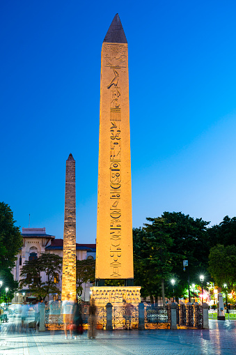 Obelisk of Theodosius and the Walled Obelisk in Istanbul, Turkiye at night.