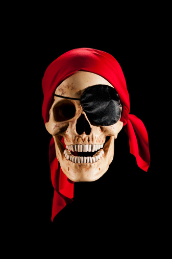 A Pirate skull wearing an eye patch and red bandanna against a black background