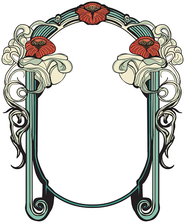 Vector illustration of a red poppy flower frame, art nouveau style, black line work.
