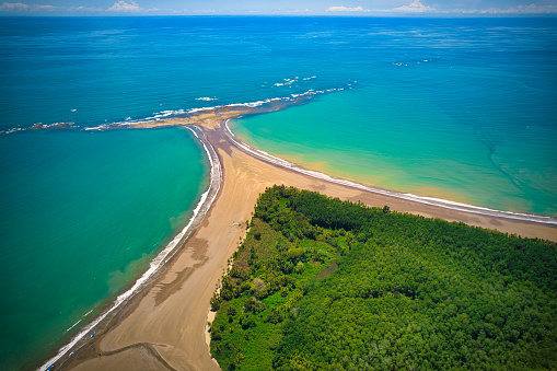 Aerial view of the national park Bahia Ballena in Uvita, Puntarenas, Costa Rica. Drone picture