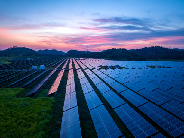 sunset, photovoltaic power generation - solar panel solar power station sun solar energy imagens e fotografias de stock