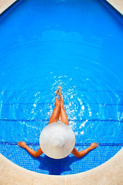 istock woman relaxing in a resort swimming pool 169963009