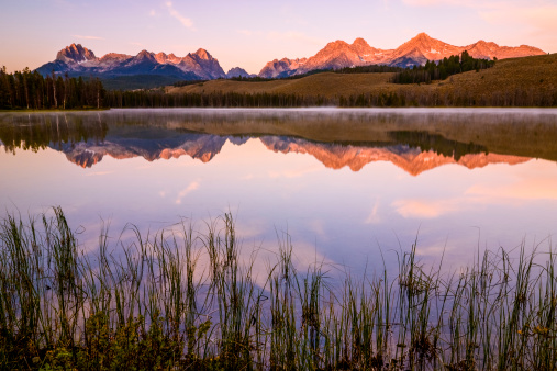 Beautiful sunrise at Little Redfish Lake, Stanley, Idaho with Sawtooth mountain range in the backrop