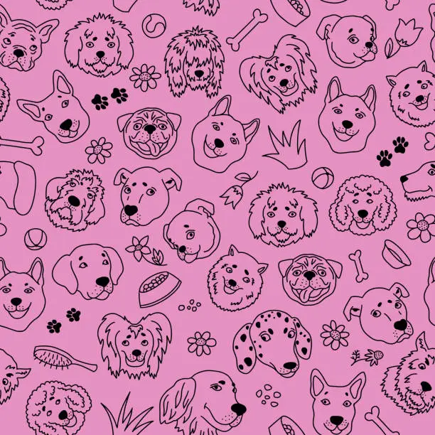 Vector illustration of Funny seamless pattern with the heads of dogs of different breeds. Sketch in the style of doodles on a pink background. Vector.