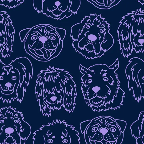 Vector illustration of Funny seamless pattern with the heads of dogs of different breeds. Sketch in the style of doodles on a dark blue background. Vector.