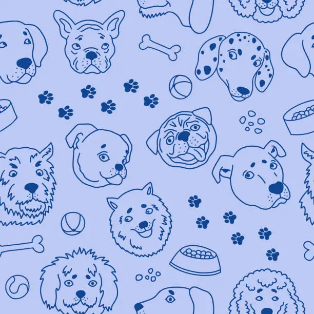 Vector illustration of Funny seamless pattern with the heads of dogs of different breeds. Sketch in the style of doodles on a blue background. Vector.