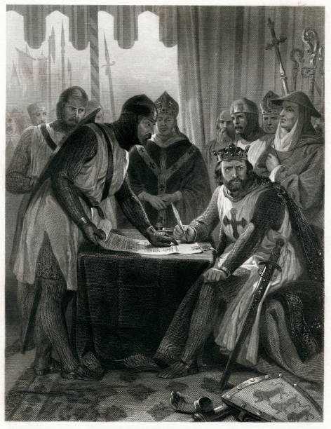 King John Signing The Magna Carta Engraving From 1873 Featuring King John Signing The Magna Carta In 1215. King John Lived From 1166 Until 1216. magna carta stock illustrations