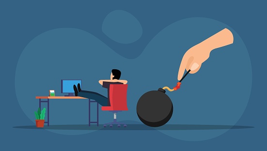 Businessman sits relaxed in his chair with the hand igniting a bomb behind him  2d vector illustration concept for banner, website, landing page, flyer, etc