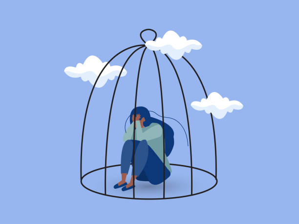 ilustrações de stock, clip art, desenhos animados e ícones de sad black woman sitting inside the closed cage. influence of lockdown on mental health. concept of restrictions on human rights and freedoms in society. vector illustration - subjugate