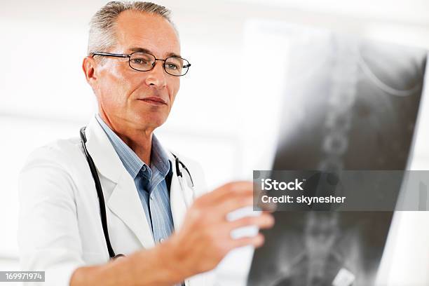 Retrato De Médico Examinar Radiografías De Columna Foto de stock y más banco de imágenes de Doctor
