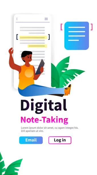 Vector illustration of student with pencil taking digital notes on tablet pc online education e-learning concept vertical